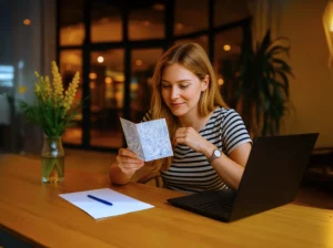 Employé qui lit une carte-cadeaux