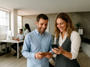 Deux employés regardant leur compte Up Luxembourg sur leurs smartphones